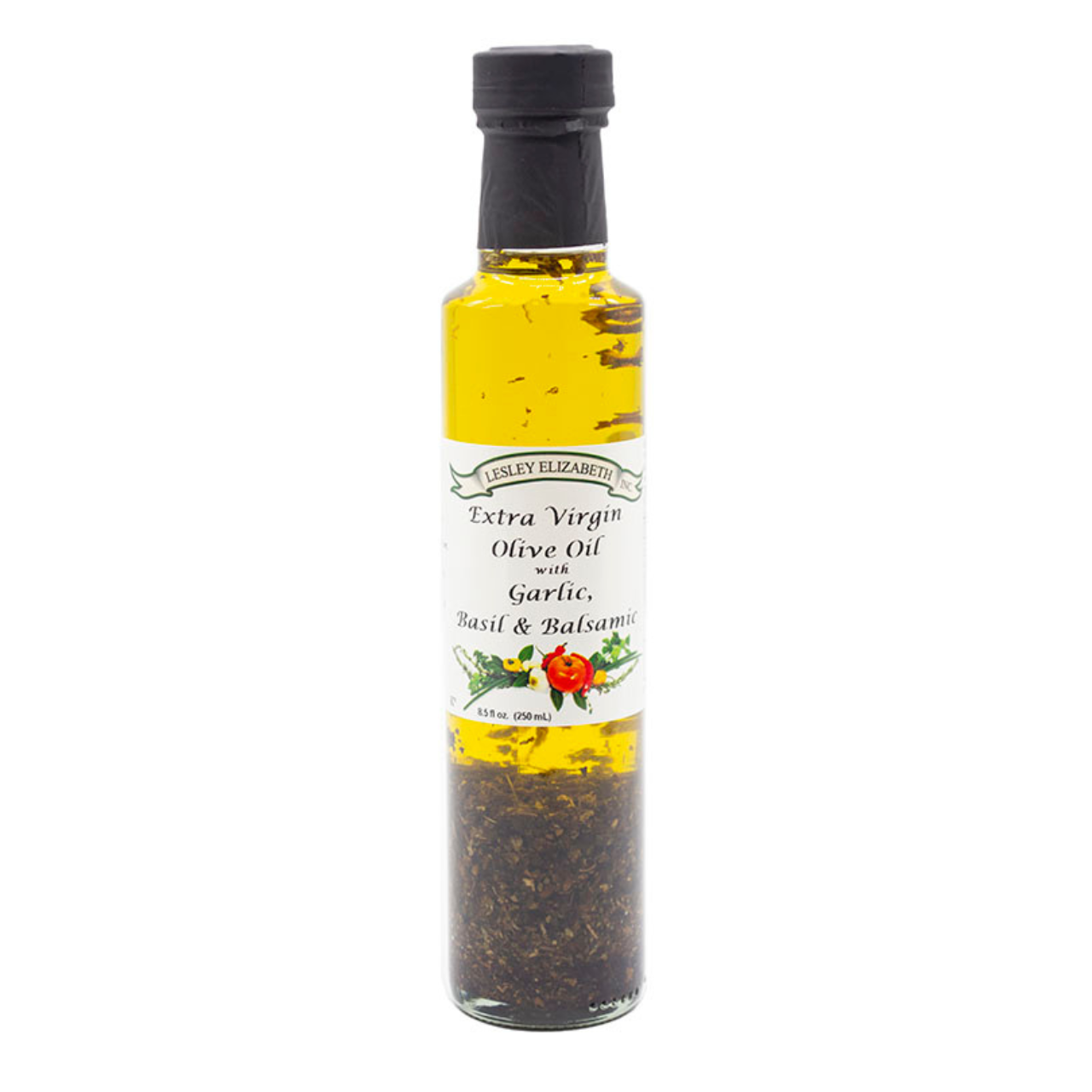 Lesley Elizabeth Extra Virgin Olive Oil with Double Roasted Garlic offers bold, rich garlic flavor—perfect for dipping, drizzling, and gourmet cooking.
Lesley Elizabeth Olive Oil with Garlic, Basil & Balsamic—bold, herb-infused EVOO for dipping, drizzling, or dressing. 250mL Dorica gourmet blend.