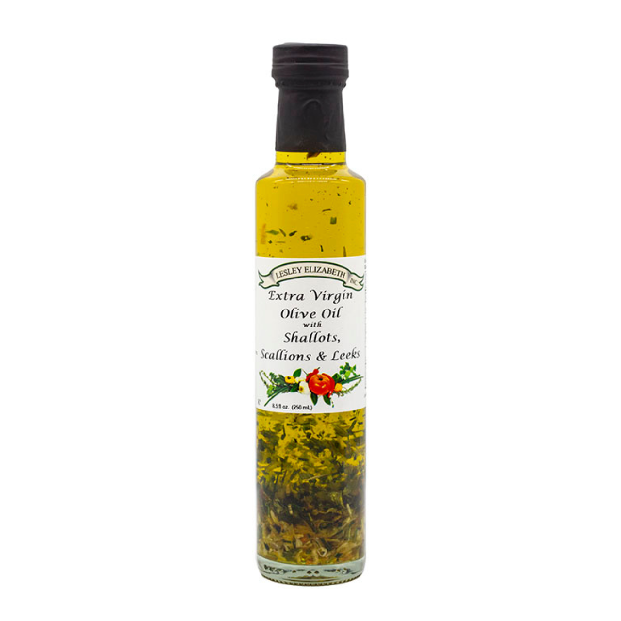 Lesley Elizabeth Olive Oil with Shallots, Scallions & Leeks—savory, aromatic EVOO ideal for sautéing, roasting, or dipping. 250mL Dorica bottle.