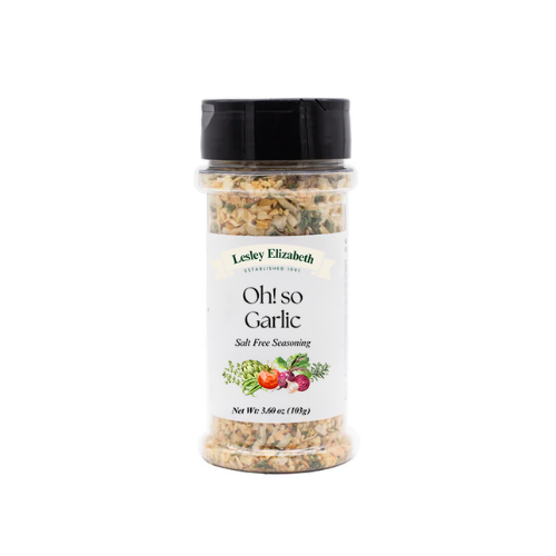 Bottle of Lesley Elizabeth Oh! so Garlic seasoning on a white background